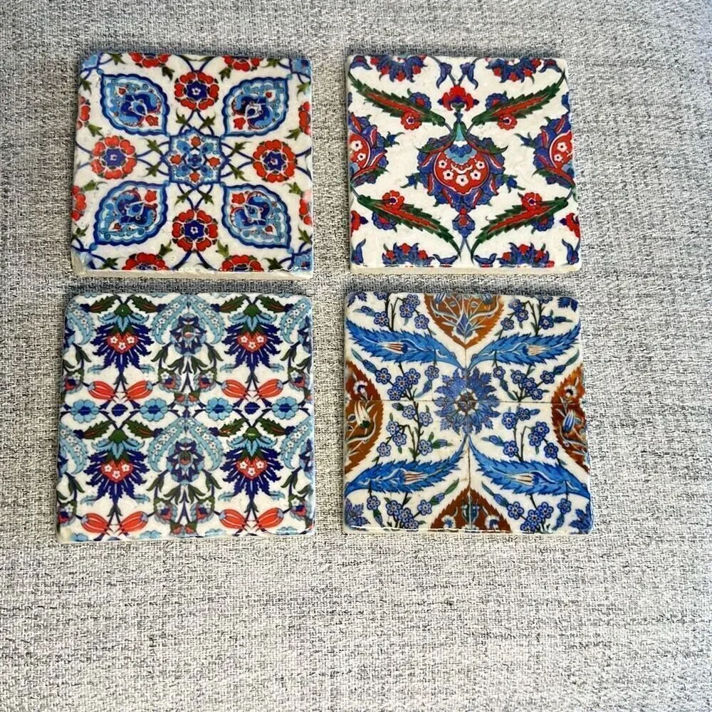 Turkish Stone Coasters: Bohemian Blue Floral Decor, Set of 4- NWOT